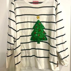 Tipsy Elves White and Black Striped Sweater with Green Christmas Tree